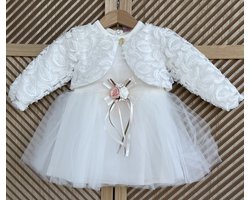 luxe feestjurk-bruidsjurk-doopkleding-tule jurk met jasje-blaadjesmotief-baby jurk-tutu rok- tweedelige set- katoenen jurk met steentjes en bloem-bruidsmeisjes-doopsel-bruiloft-verjaardag-foto shoot- wit ivoor kleur - maat 86 - 12 tem 18 maanden