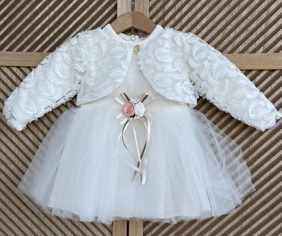 Luxe jurk met jasje-blaadjesmotief-baby set- katoenen jurk met steentjes en wit ivoor kleur - tem