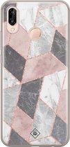 Casimoda® hoesje - Geschikt voor Huawei P20 Lite (2018) - Stone grid marmer / Abstract marble - Siliconen/TPU - Soft Case - Roze - Geometrisch patroon