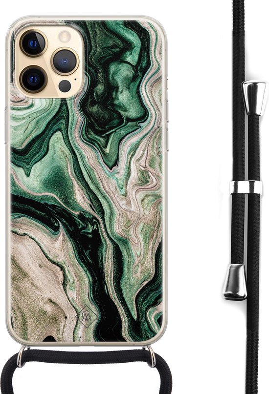 Casimoda® - iPhone 12 hoesje met koord - Groen marmer / Marble - Afneembaar koord - Siliconen/TPU