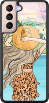 Casimoda® hoesje - Geschikt voor Samsung Galaxy S21 - Sunset Girl - Luxe Hard Case Zwart - Backcover telefoonhoesje - Multi