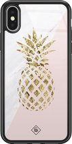 Coque iPhone X/ XS en verre - Ananas - Rose - Hard Case Zwart - Coque arrière téléphone - Ananas - Casimoda