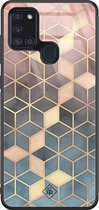 Coque Samsung Galaxy A21s en verre - Cubes art - Multi - Hard Case Zwart - Coque arrière pour téléphone - Motif géométrique - Casimoda