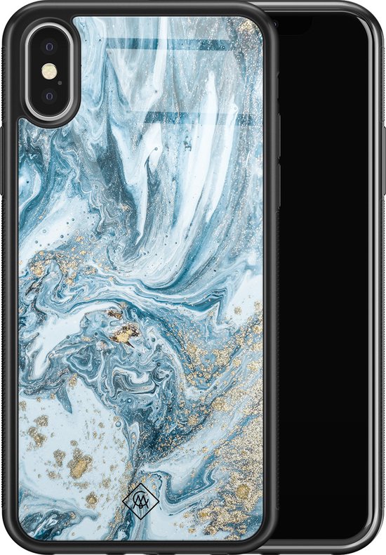 Coque iPhone X/ XS verre - Mer marbrée - Blauw - Hard Case Zwart - Coque arrière pour téléphone - Marbre - Casimoda