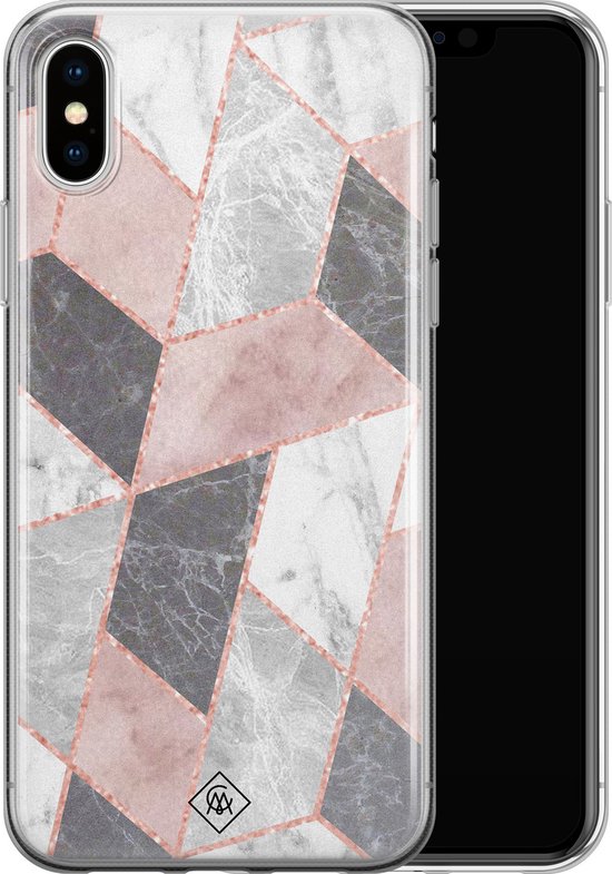 Casimoda® - Coque iPhone Xs - Marbre grille pierre / Marbre abstrait - Siliconen/ TPU - Blauw