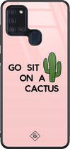 Casimoda® hoesje - Geschikt voor Samsung Galaxy A21s - Go Sit On A Cactus - Luxe Hard Case Zwart - Backcover telefoonhoesje - Roze