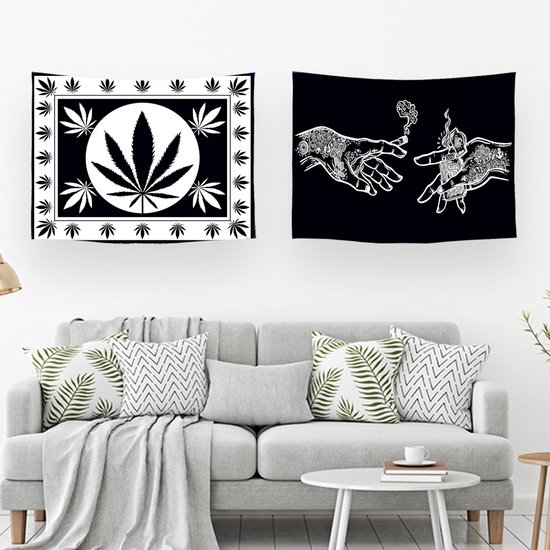 Ulticool – Wandkleed - Wiet Handen Cannabis Natuur – Set van 2 designs - 73 cm x 95 cm – Schilderij Wandtapijt Stof – Poster Art – Zwart Wit