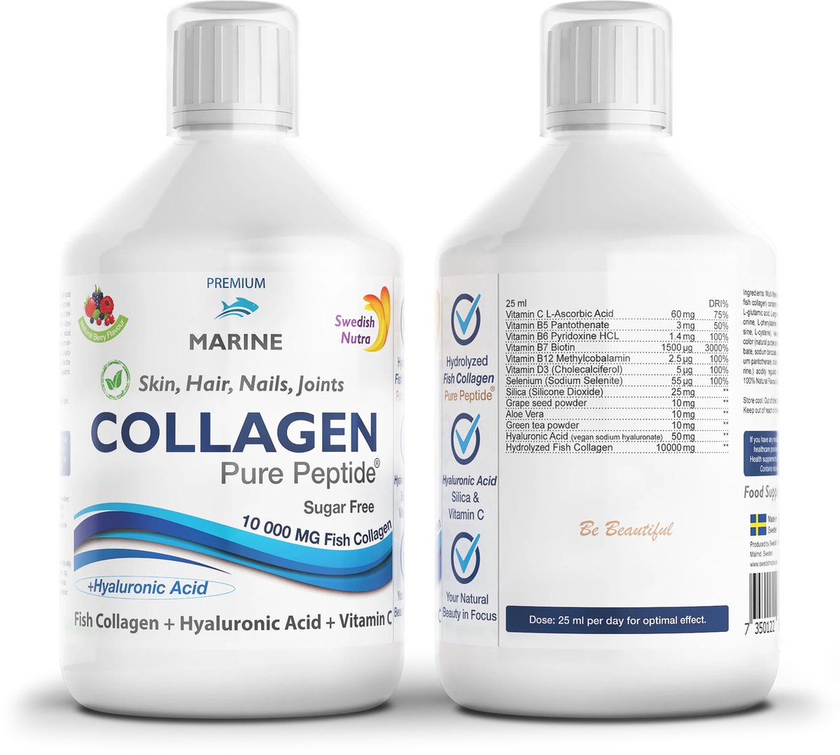 Goedkoopste Swedish Nutra Liquid Vloeibare Collageen 10000 Marine - 500ml - Hyaluronzuur & Vitamine C - Anti-Rimpel Formule - Jeugdige Huid, Sterk Haar, Gezonde Nagels - Natuurlijk & Krachtig