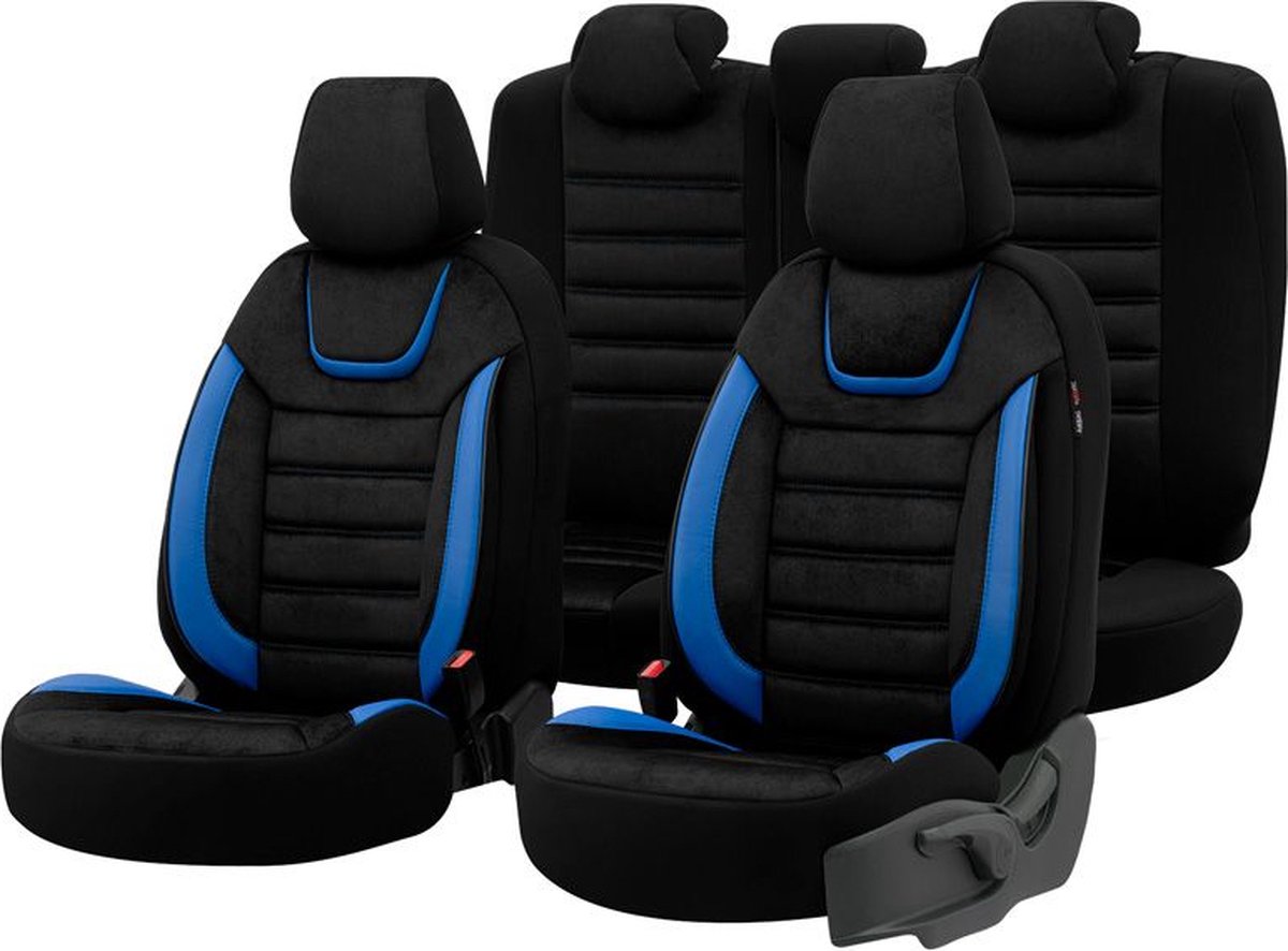 Universele Suede/Leder/Stoffen Stoelhoezenset 'Iconic' Zwart/Blauw - 11-delig - geschikt voor Side-Airbags