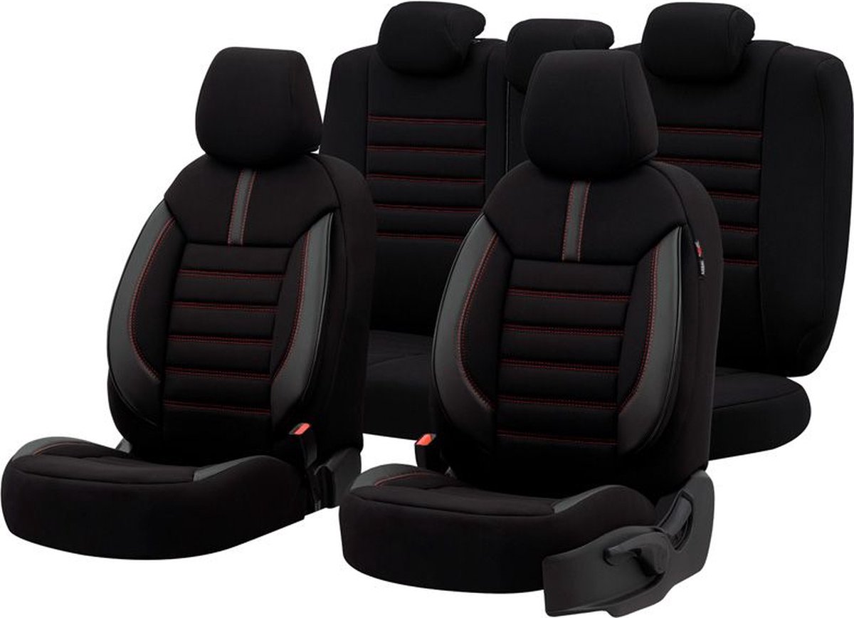 Universele Stoffen/Leder Stoelhoezenset 'Limited' Zwart + Rode stiksels - 11-delig - geschikt voor Side-Airbags