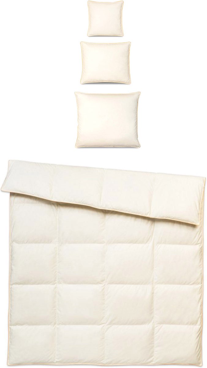 Donzen Dekbed – 160x200cm – 2.5kg Vulling 1-Persoons Ganzendons Dekbed – 100% Katoenen Tijk - Satijnen Bies – Kleur Crème –Herfst/Winter Seizoen + Kussens 70x80cm + 50x60cm + 40x40cm thumbnail 2