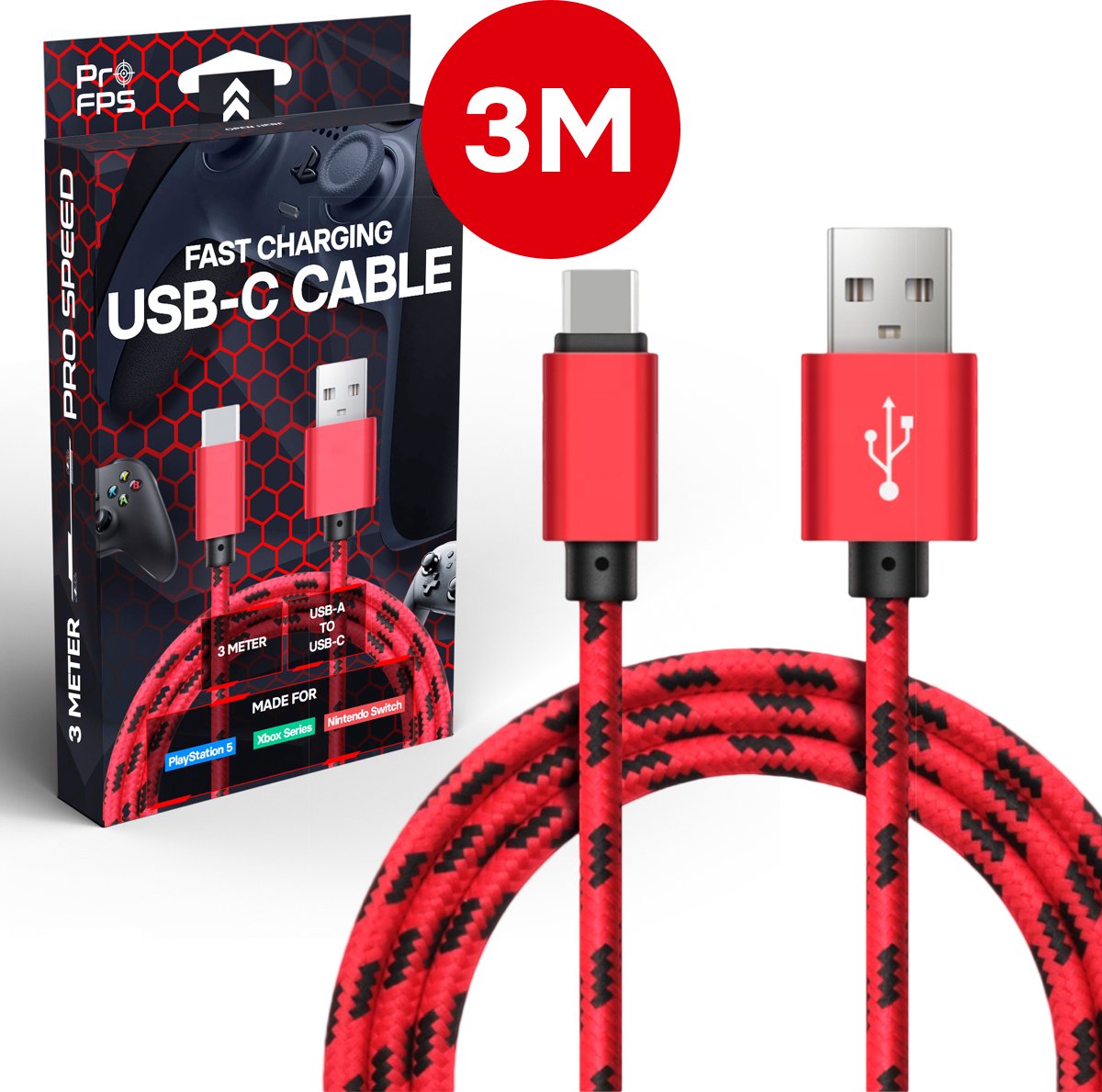 ProFPS High Speed Controller Oplaadkabel geschikt voor Playstation 5 (PS5), Xbox & Nintendo Switch– Snellader voor eSports - 3 Meter – Rood/Zwart – USB-C