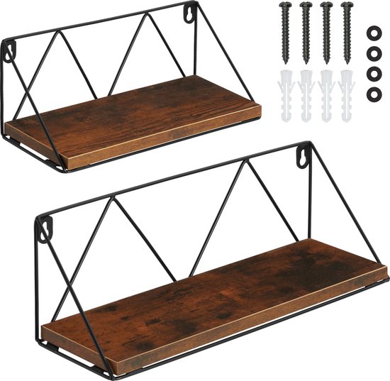 tectake® Wandplanken Set van 2 | Zwevende Planken in Industrieel Design | 60 x 20 x 33,5 cm | Houten Hangplank voor Woonkamer, Slaapkamer, Kantoor | Zwart Metalen Frame - div kleuren (lichtbruin