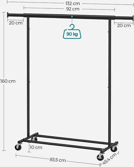 SONGMICS HSR061W01 Kledingrek, Met Wieltjes, Tot 90 Kg Belastbaar Kledingrek Met 1 Kledingstang En Plank Industrieel Design Voor Slaapkamer Bijkeuken Wit