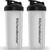KitchenMonster® Shakebeker Bidon 700 ml - Set van 2 stuks - Shaker inclusief Mixfilter - Proteïne Shaker Transparant