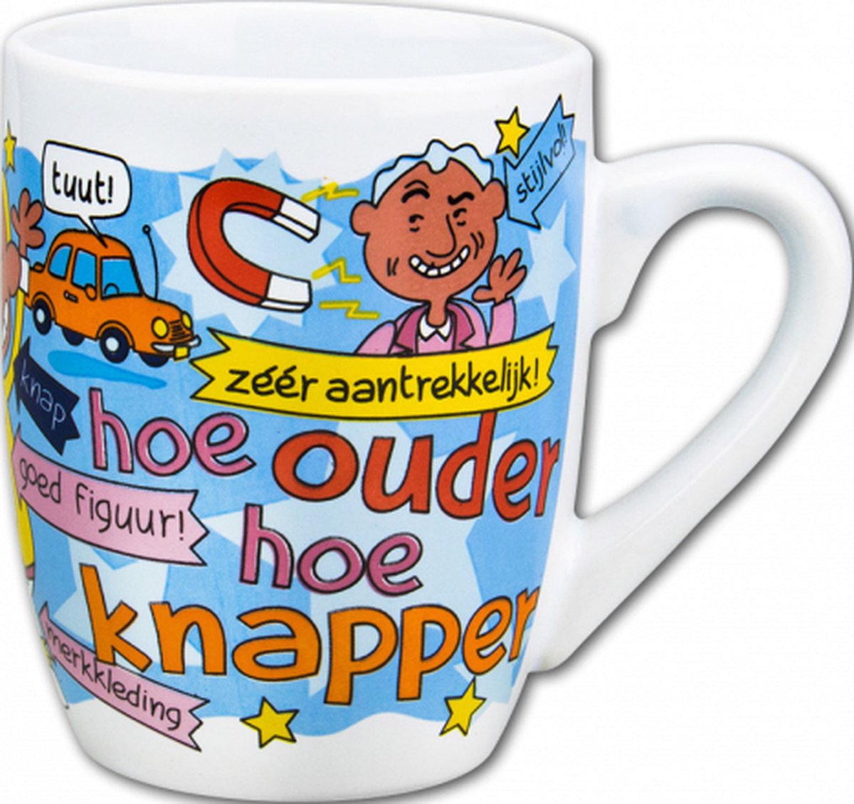 Mok - Cartoon Mok - Hoe ouder hoe knapper- In cadeauverpakking met gekleurd lint