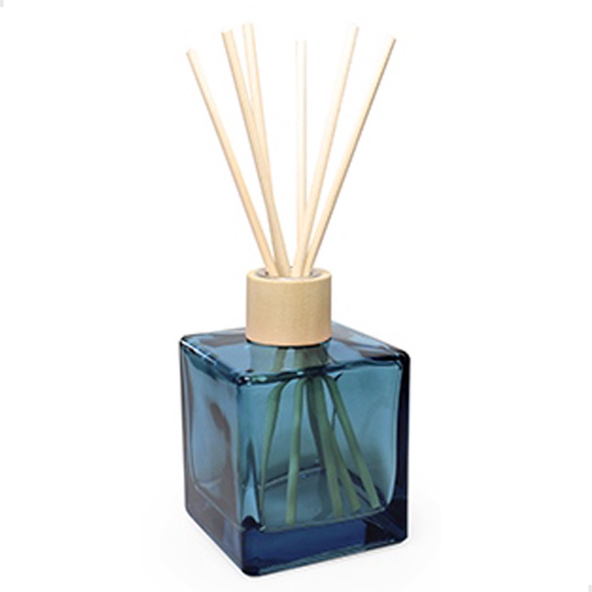 Vanhalst - Kubus fles SILVER BLUE 300ml met houten dop en 6 houten geurstokjes - Ook beschikbaar in kleiner formaat - Om zelf te vullen