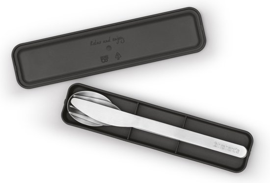 Set de couverts Brabantia en acier inoxydable avec cuillère, fourchette et couteau dans un étui de rangement gris foncé.