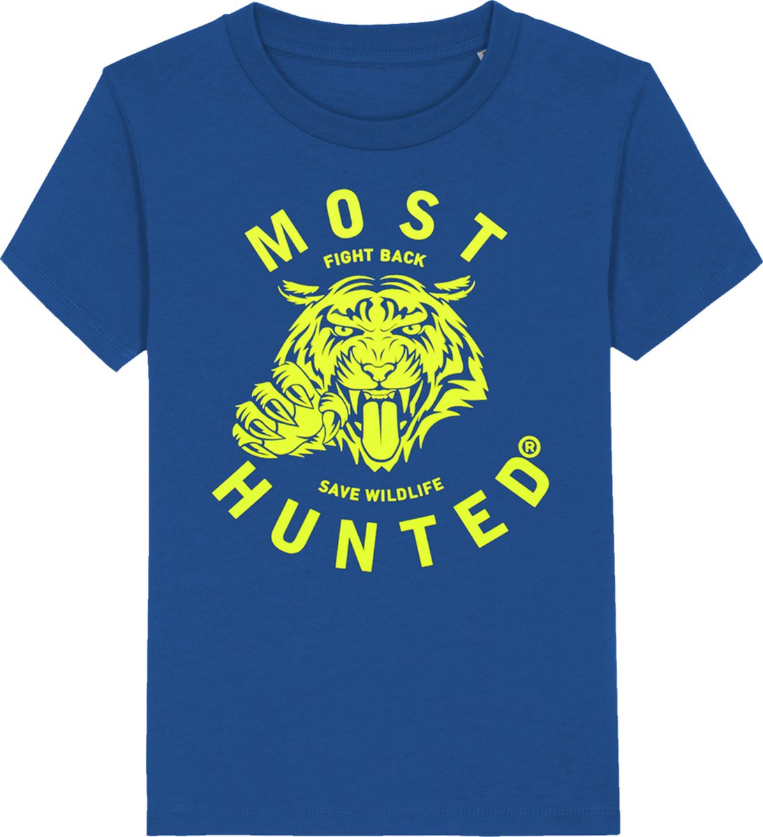 Most Hunted - kinder t-shirt - tijger - blauw - fluor geel - maat 122/128