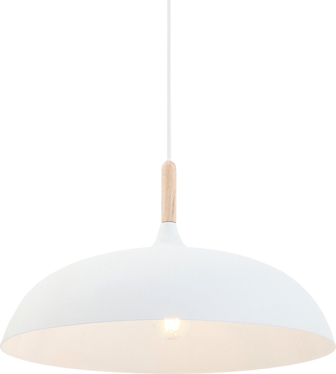 Scandinavische hanglamp Bjorr wit met hout | 1 lichts | bruin / wit | hout / metaal | Ø 45 cm | in hoogte verstelbaar tot 170 cm | eetkamer / woonkamer lamp | modern / sfeervol design