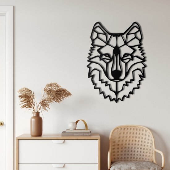 Wanddecoratie |Wolf Hoofd / Wolf Head | Metal - Wall Art | Muurdecoratie | Woonkamer | Buiten Decor |Zwart| 64x90cm