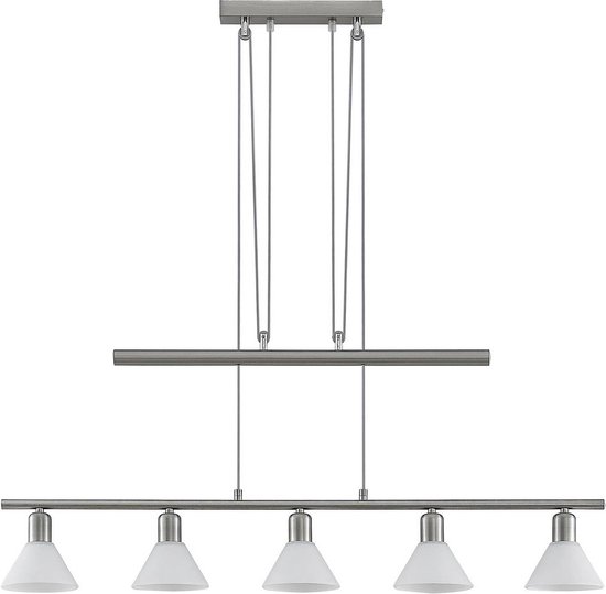 ELC - hanglamp - 5 lichts - glas, ijzer - H: 14.5 cm - E14 - wit, nikkel satijn
