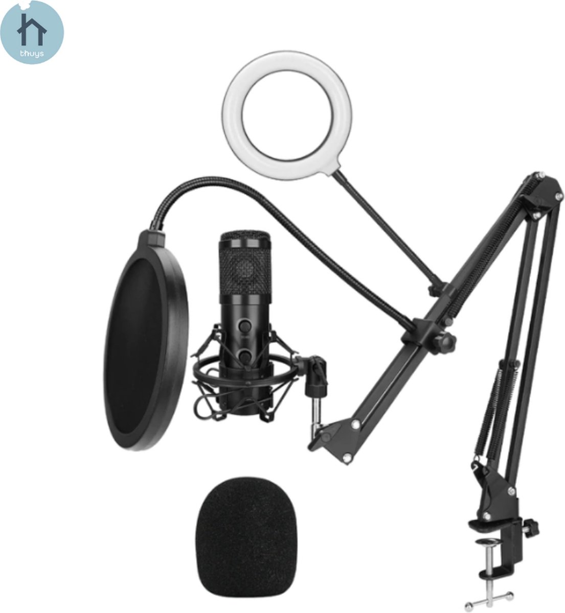 Microfoon - Microfoon Met Arm Plug And Play - Microfoon Voor PC Duurzaam - USB - Ringlamp- Zwart