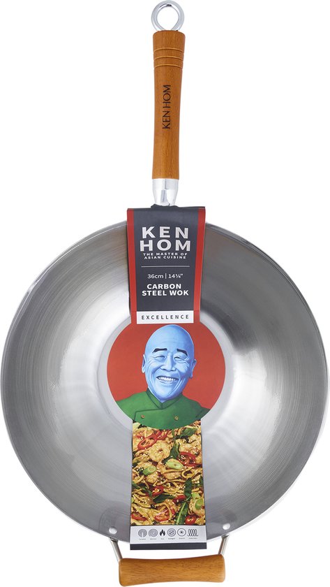 Ken Hom Excellence, Rond, Wok/roerbakpan, Staal, Hout, Koolstofstaal, 36 cm