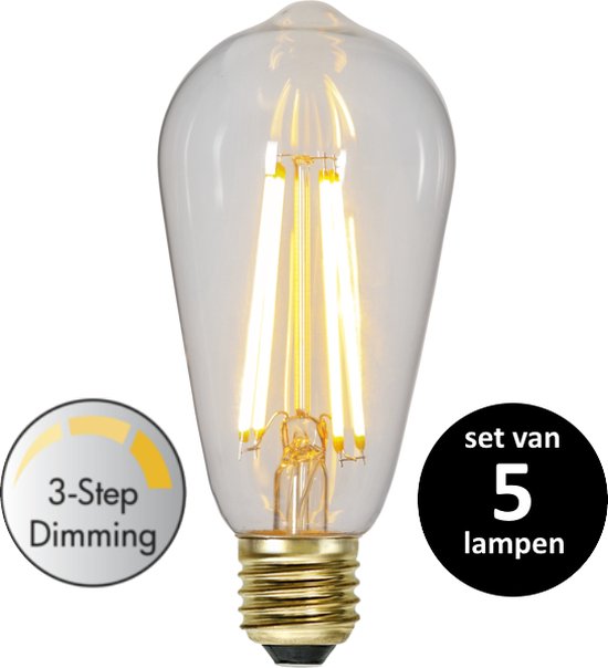 3 standen Edison lamp  - 6.5W -Super Warm Wit (< 2200K) -Dimbaar met schakelaar -3 step dimming - set van 5