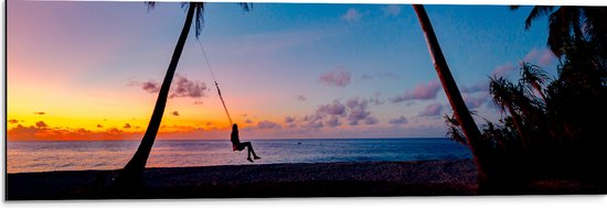 WallClassics - Dibond - Schommelen op een Tropisch Strand bij Zonsondergang - 90x30 cm Foto op Aluminium (Met Ophangsysteem)