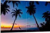 WallClassics - Acrylglas - Schommelen op een Tropisch Strand bij Zonsondergang - 120x80 cm Foto op Acrylglas (Met Ophangsysteem)