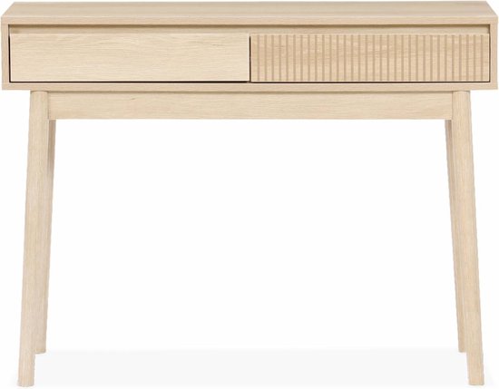Houten consoletafel met twee laden op schuine pootjes. Links een gladde ladefront, rechts een front met verticale groeven.