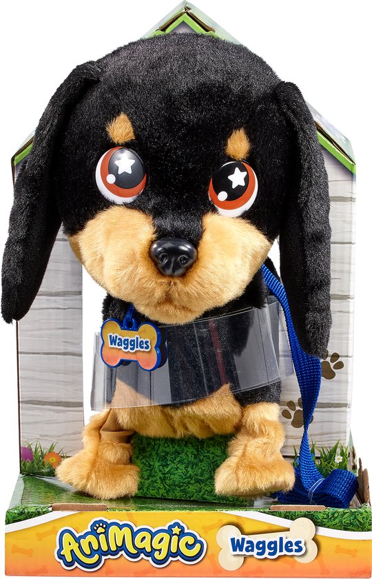 Animagic Waggles Knuffel Hond – Zwart – Interactieve Knuffel