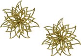 2x stuks decoratie bloemen kerststerren goud glitter clip 14 cm - Decoratiebloemen/kerstboomversiering/kerstversiering