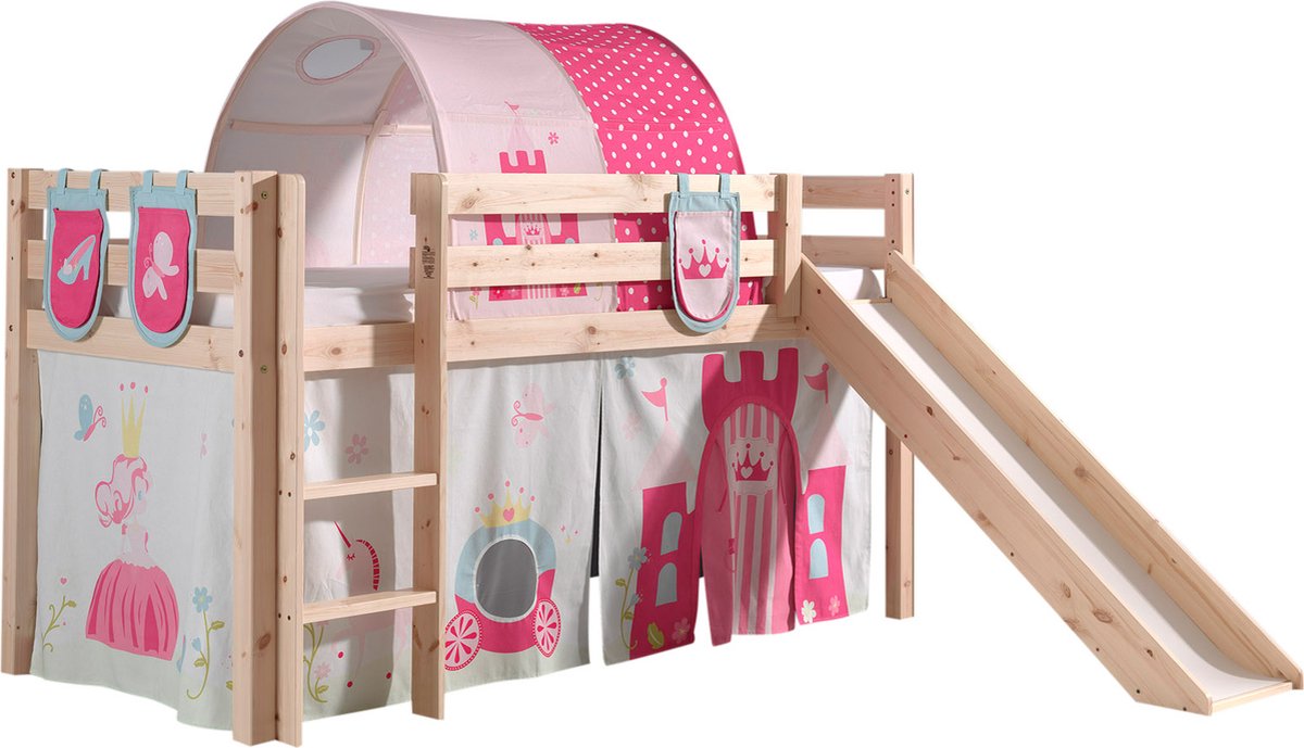 Halfhoogslaper met glijbaan Astrid met bedtent, tunnel & opbergzakjes