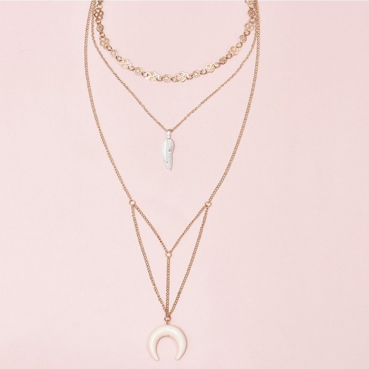 Fijne delicate ketting met halve maan en veer – 4-delig – Goudkleur