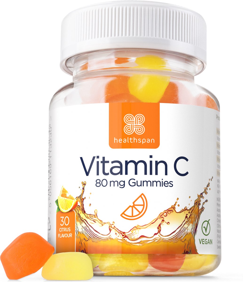 Healthspan Vitamine C Gummies | 80mg | 30 gummies | Ondersteunt het immuunsysteem & het zenuwstelsel | Zonder toegevoegde suiker | Citrussmaak | Veganistisch