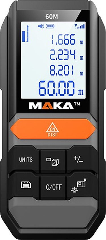 MAKA Digitale laser afstandmeter - 60 m - Aanpasbare meetreferentie - Geheugenfunctie