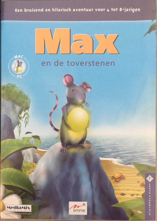 Max en de toverstenen, een spel voor 4-8 jarigen met een muis die een gloeiende steen vasthoudt op een rots.