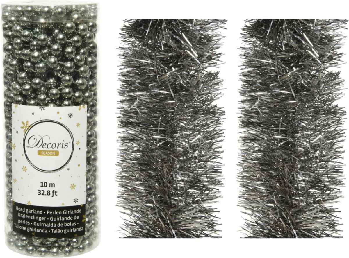 Kerstversiering set van 2x stuks folieslingers en 1x stuks kralenslingers antraciet (warm grey) - Kerstslingers