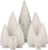9x stuks kerstdorp onderdelen miniatuur kerstbomen/dennenbomen wit - Kerstdorp onderdelen mini boompjes