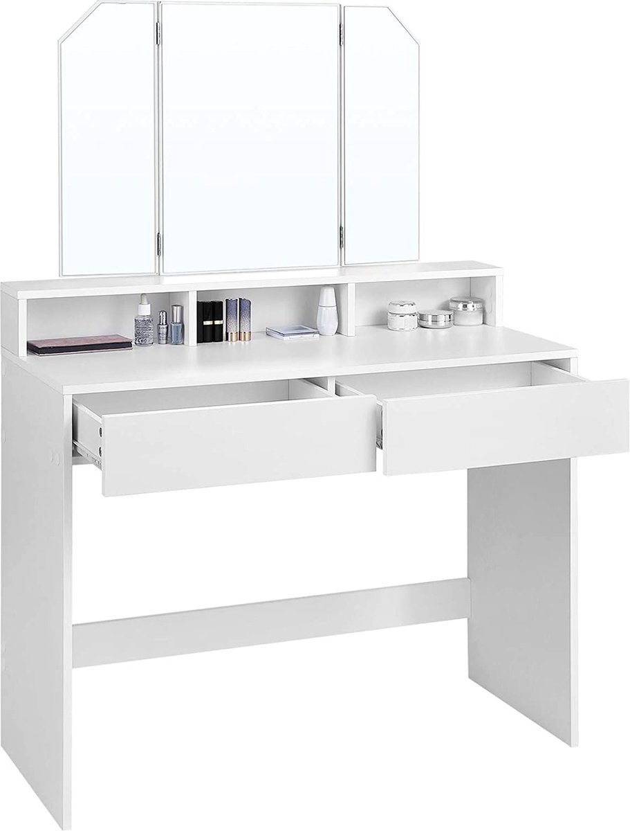 VASAGLE RDT115W01 Make-uptafel met klapspiegel en 2 laden, 3 open vakken, voor make-up, modern, wolkenwit