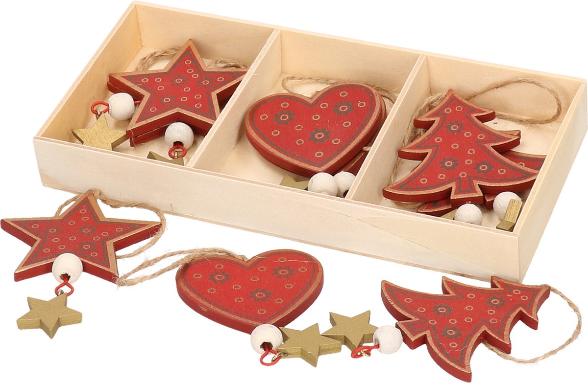Décoration Noël En Bois - 2 Boîtes Avec 24 Pendentifs Sapin (étoile, Cœur, Boule, Renne) - Couleurs Rouge Et Blanc - Pour Sapin, Fenêtre, Guirlande