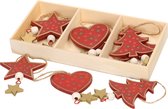 Set van 6x rode houten kersthangers sterren, hartjes, kerstboompjes 10 cm - kerstboomversiering / kerstornamenten
