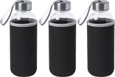 6x Stuks glazen waterfles/drinkfles met zwarte softshell bescherm hoes 420 ml - Sportfles - Bidon