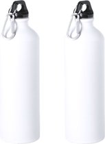 2x Stuks aluminium waterfles/drinkfles wit met schroefdop en karabijnhaak 800 ml - Sportfles - Bidon