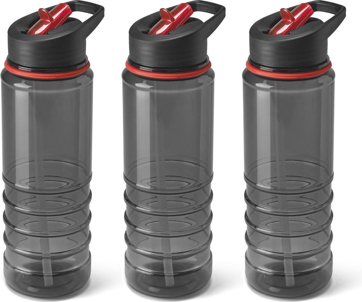 6x Stuks kunststof waterfles/drinkfles transparant zwart/rood met rietje 650 ml - Sportfles - Bidon
