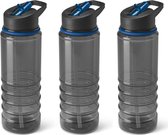 6x Stuks kunststof waterfles/drinkfles transparant zwart/blauw met rietje 650 ml - Sportfles - Bidon