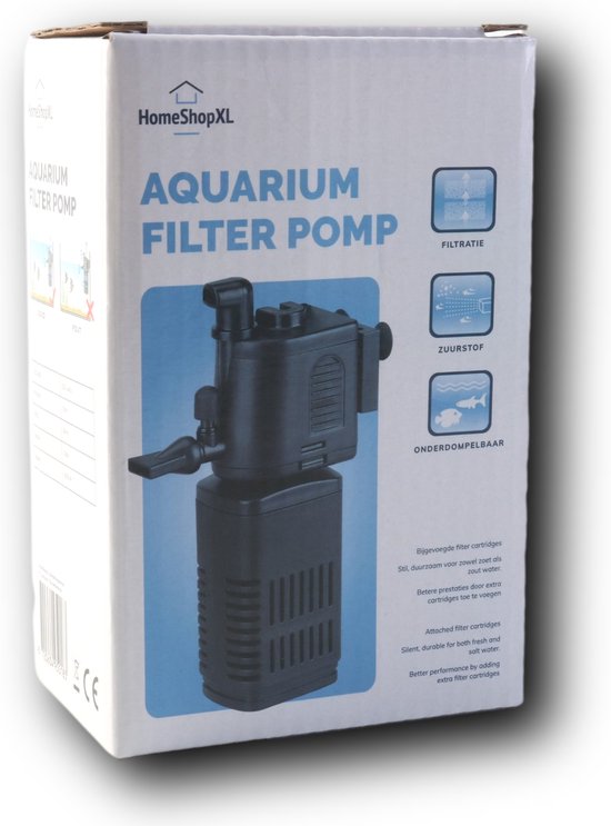 Doos van HomeShopXL aquarium filterpomp met afbeelding van pomp en tekst 'Filtratie', 'Zuurstof', 'Onderdompelbaar'.