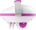 Zijaanzicht van het witte en paarse medisana cellulite massager apparaat met grijze band en paarse rollers.